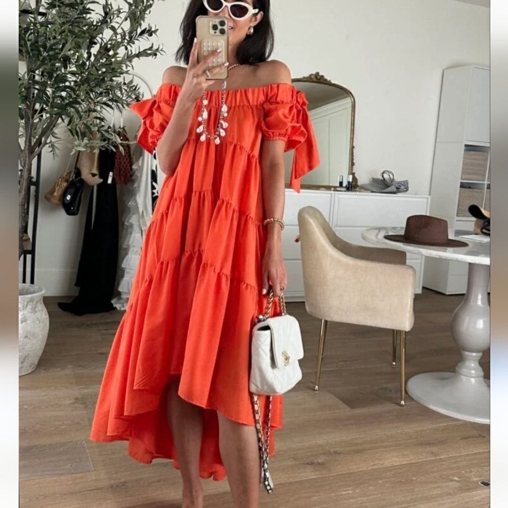 By Anthropologie Off-The-Shoulder Tiered High-Low Midi Dress size XS NEW